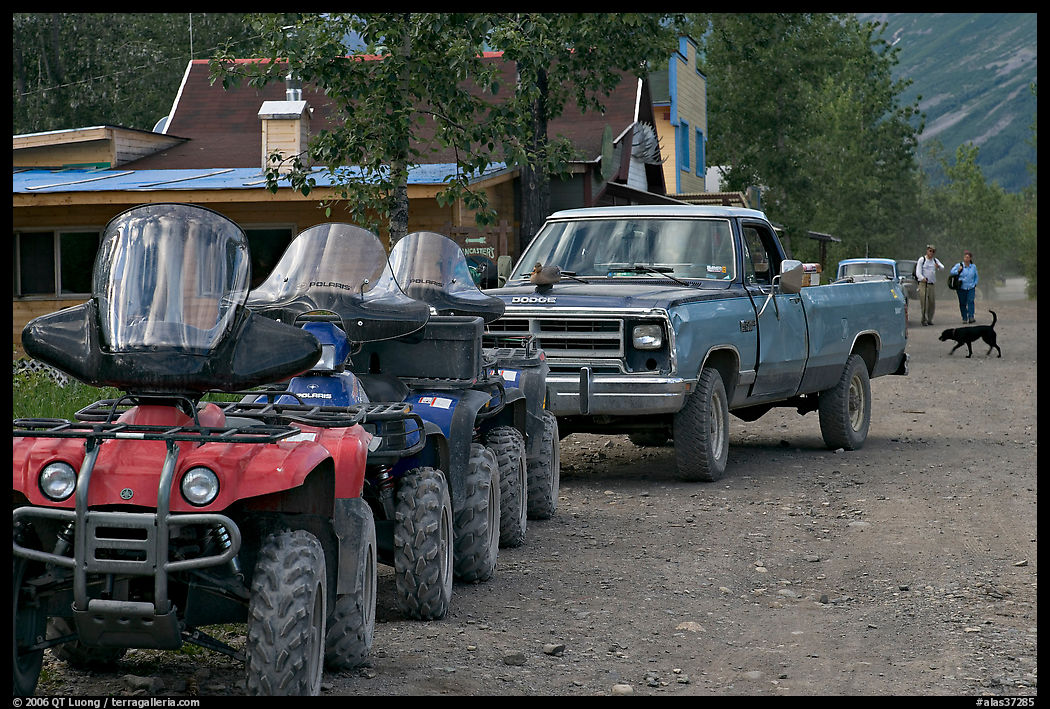 Four wheelers parked on main street. McCarthy, USA