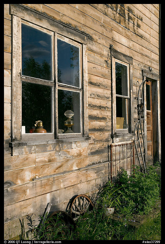 Windows and doors of old wooden building. McCarthy, USA