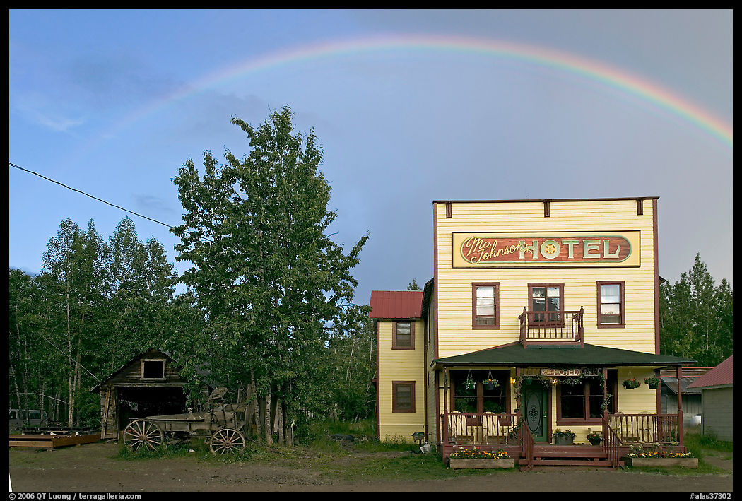 Rainbow over the historic Ma Johnson hotel building. McCarthy, USA