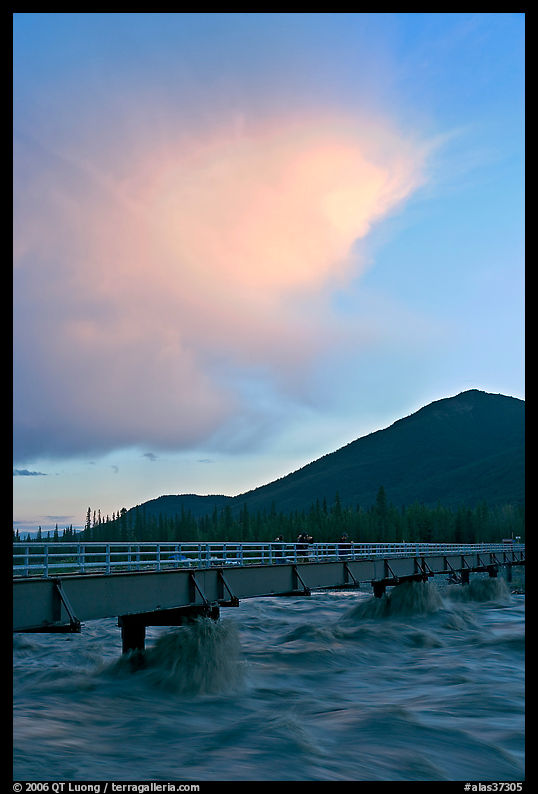 Footbridge with the Kennicott River swelled from the annual Hidden Lake flood. McCarthy, USA