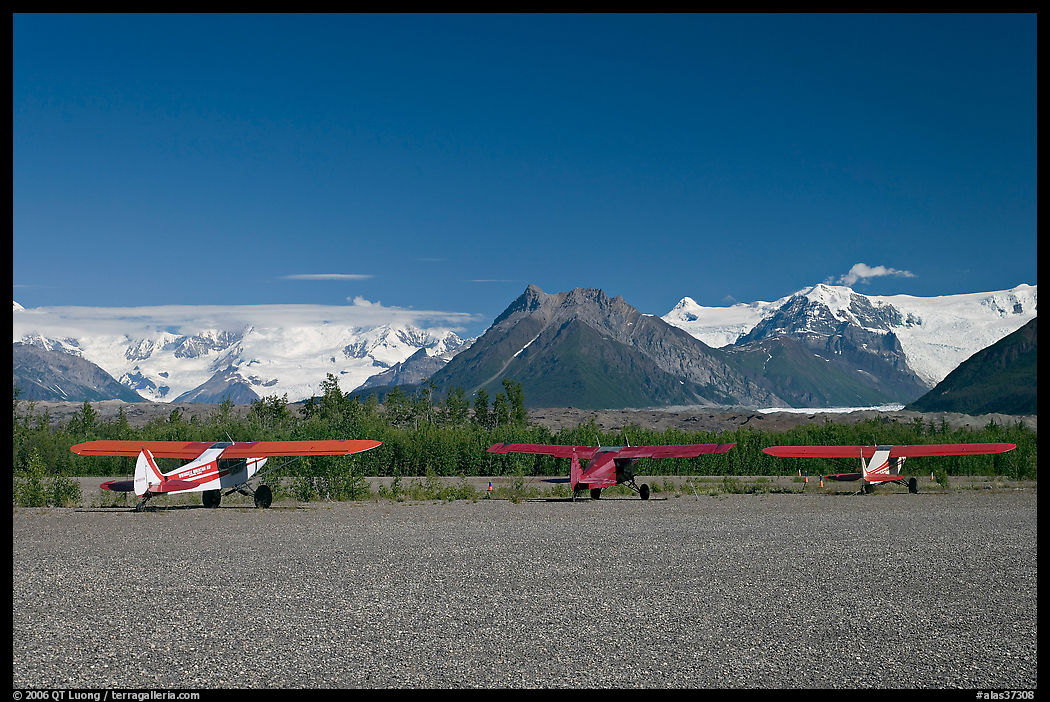 Bush planes on McCarthy airfield  and Wrangell range. McCarthy, USA