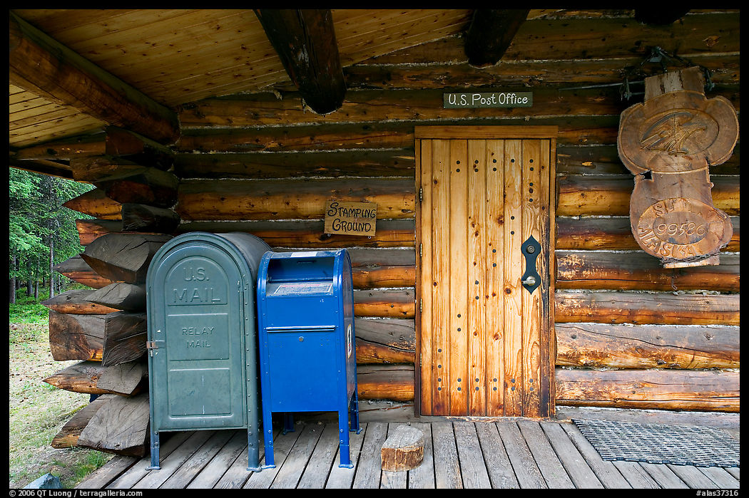 Mail boxes, log house post office, Slana. Alaska, USA