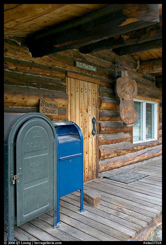 postal boxes, log house postal office, Slana. Alaska, USA