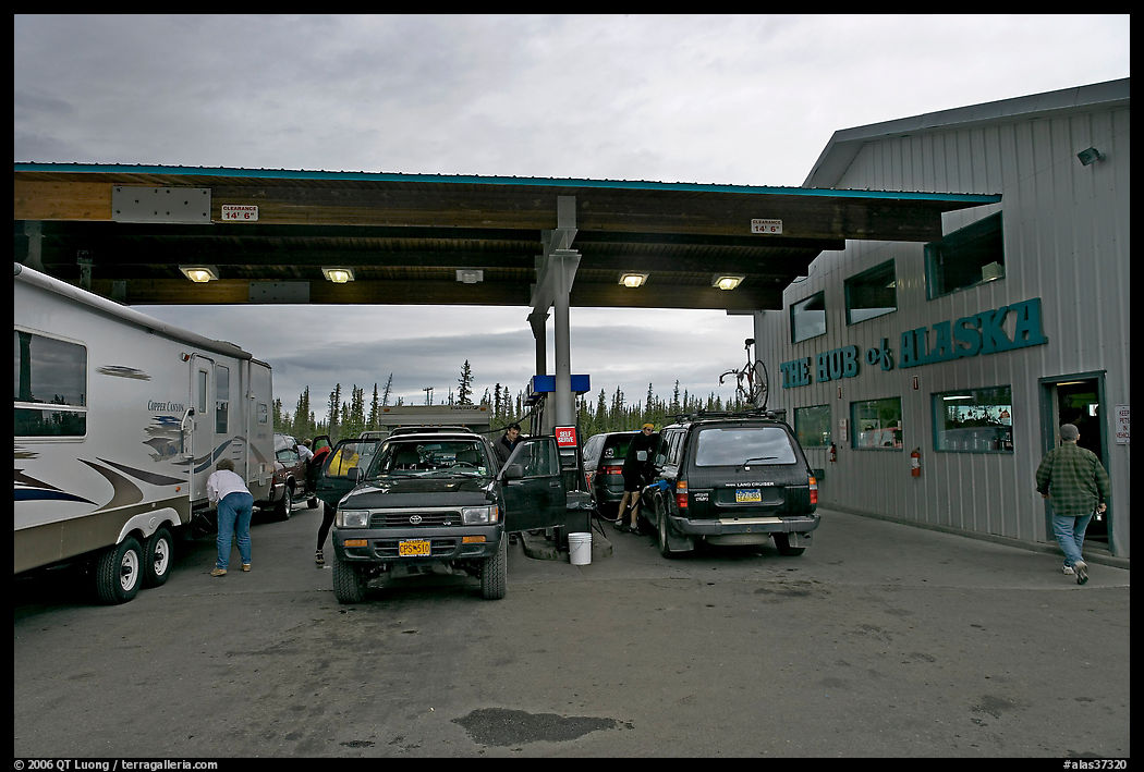 Cars and Rv at gas station The Hub of Alaska, Glennalen. Richardson Highway, Central Alaska, USA
