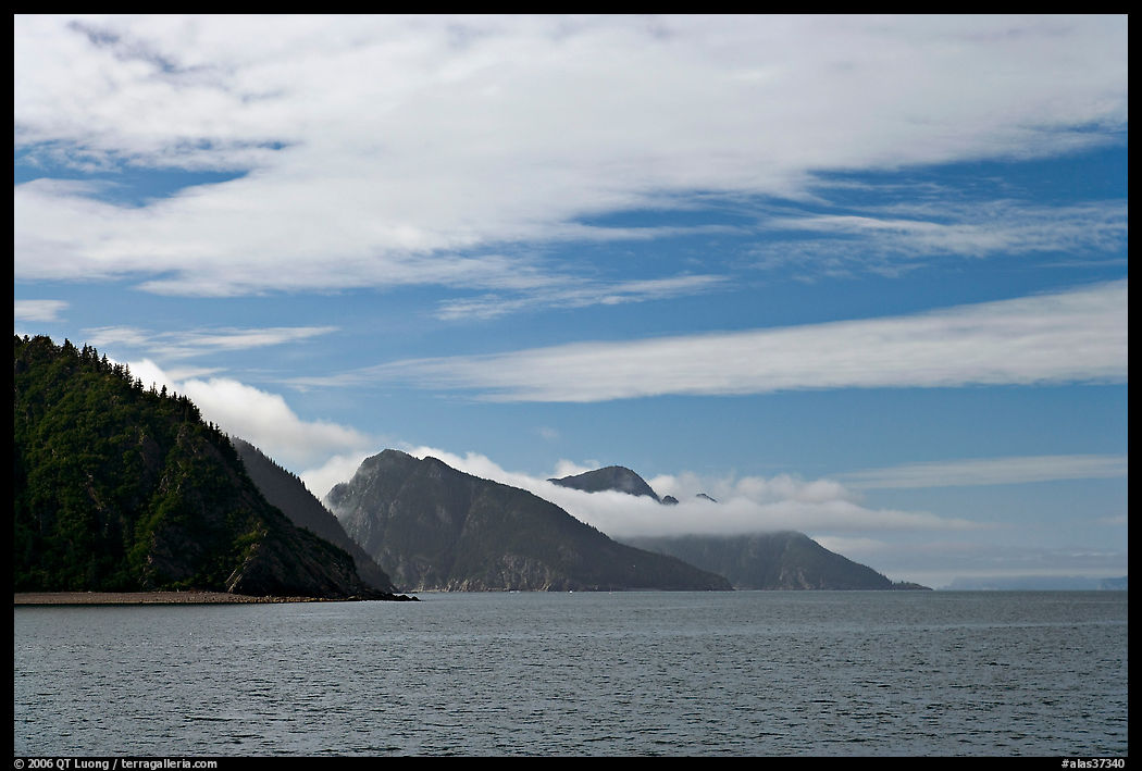 Mountains with low clouds outside Resurrection Bay. Seward, Kenai Peninsula, Alaska, USA