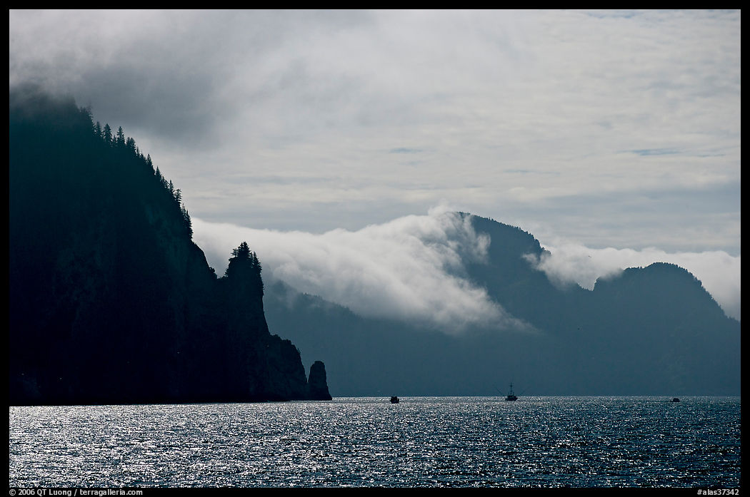 Glistening water, fog, and boats, Resurrection Bay. Seward, Kenai Peninsula, Alaska, USA