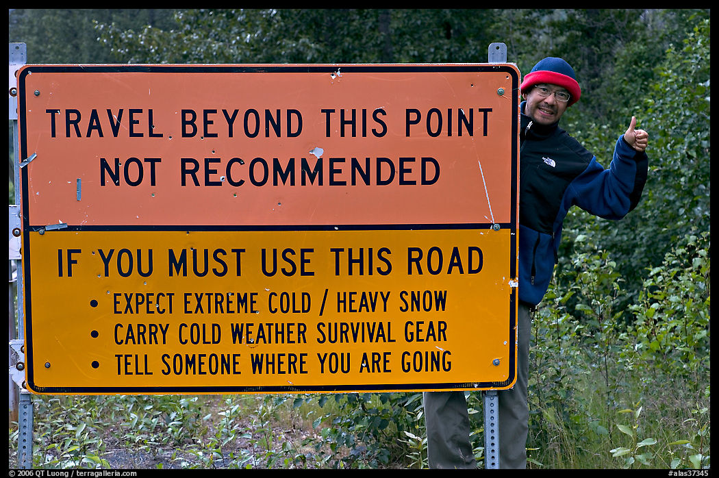 Sign with warnings about winter travel, Exit Glacier Road. Seward, Kenai Peninsula, Alaska, USA