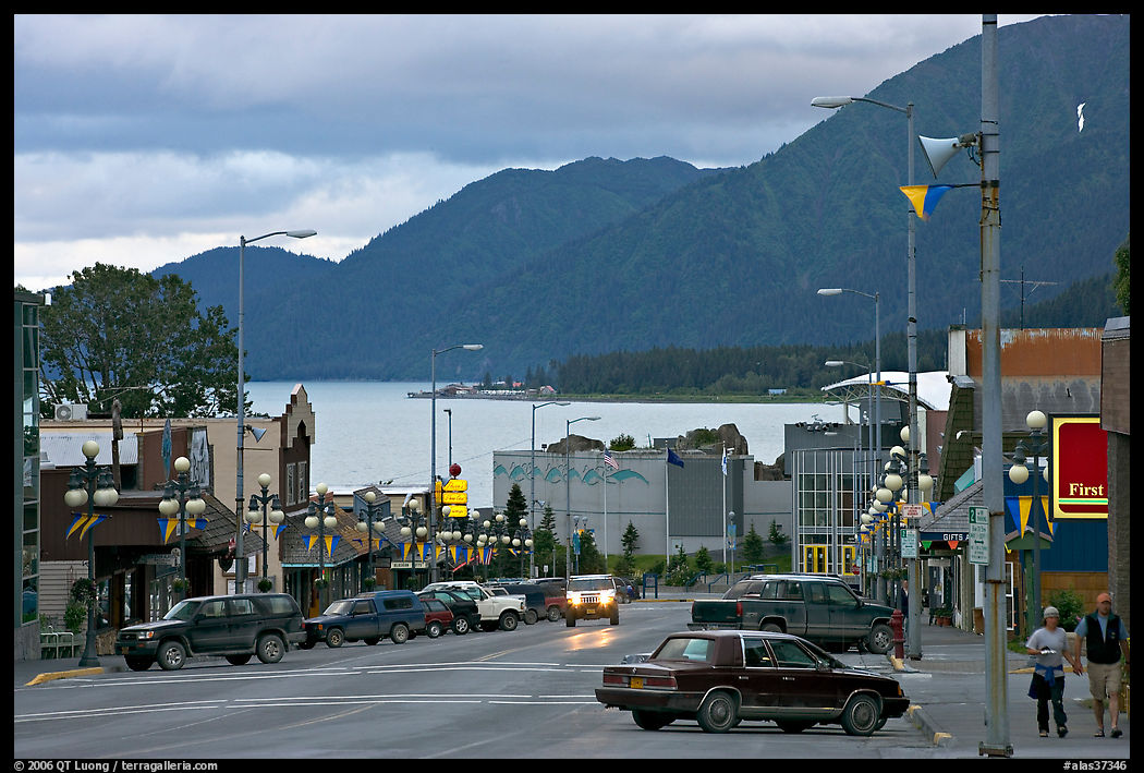 Main street and Resurrection Bay, evening. Seward, Kenai Peninsula, Alaska, USA