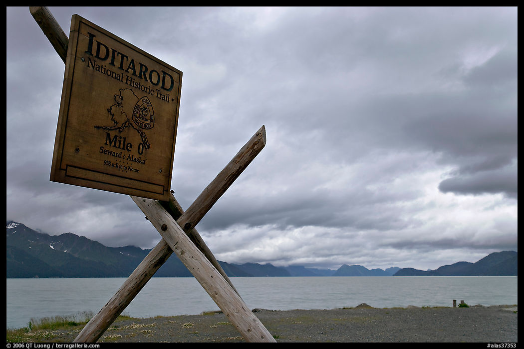 Historic Itadarod sign and Resurrection Bay. Seward, Kenai Peninsula, Alaska, USA