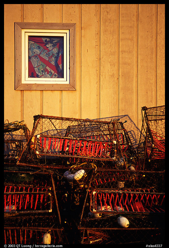 Fishing baskets and wall. Kotzebue, North Western Alaska, USA