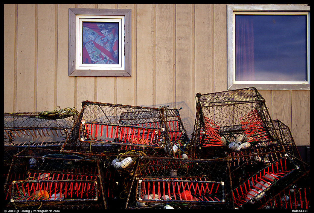 Fishing baskets and wall. Kotzebue, North Western Alaska, USA
