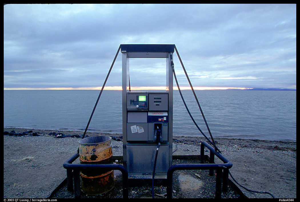 Gas pump on the beach, looking towards the Bering sea. Kotzebue, North Western Alaska, USA