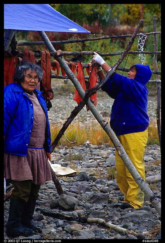 Inupiaq Eskimo women drying fish, Ambler. North Western Alaska, USA