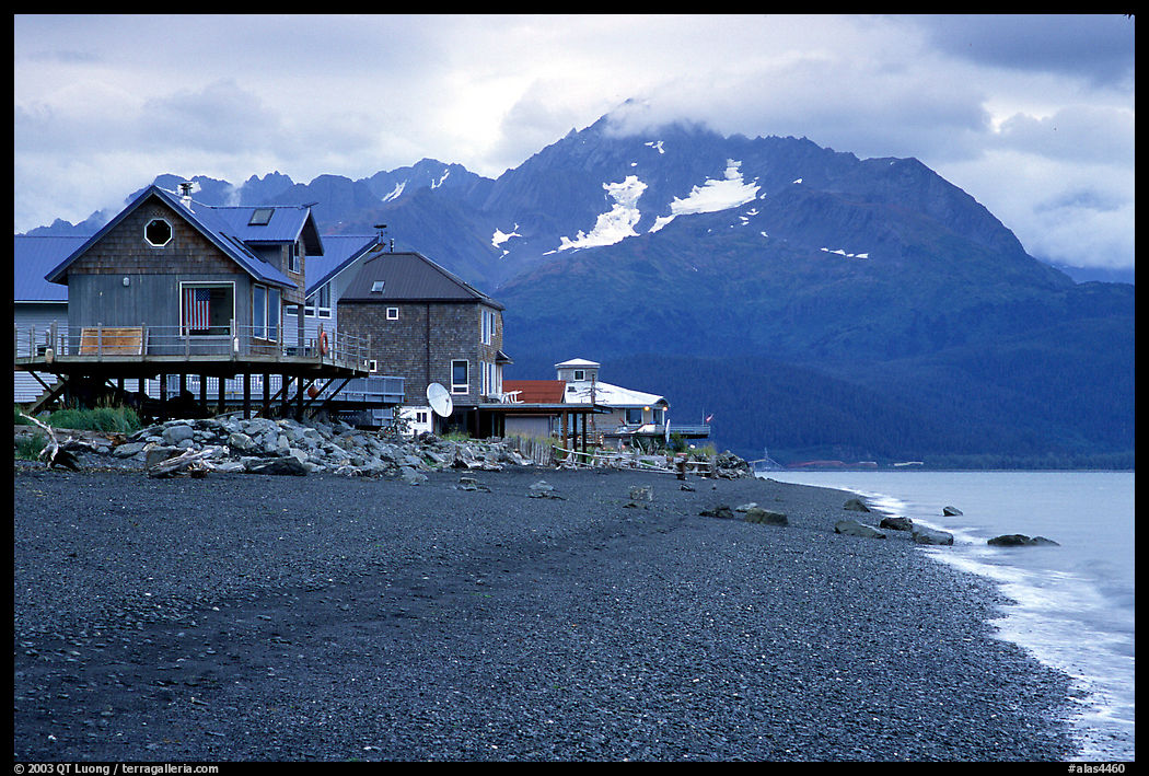 Houses on the beach at Lowell Point. Seward, Kenai Peninsula, Alaska, USA