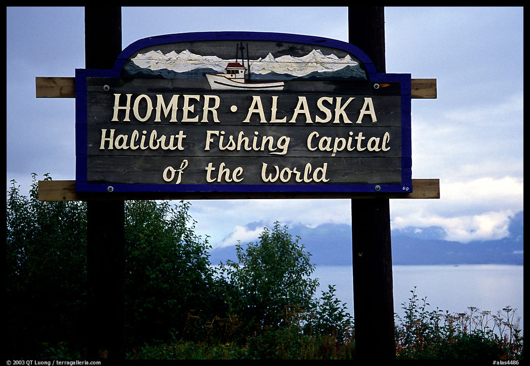 Welcome sign to Homer, Halibut fishing capital of the world. Homer, Kenai Peninsula, Alaska, USA