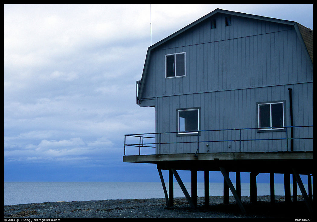 Watefront house on stilts on the Spit. Homer, Kenai Peninsula, Alaska, USA