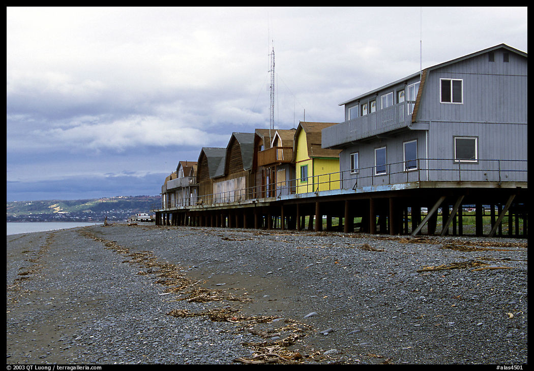 Beach and stilt houses on the Spit. Homer, Kenai Peninsula, Alaska, USA
