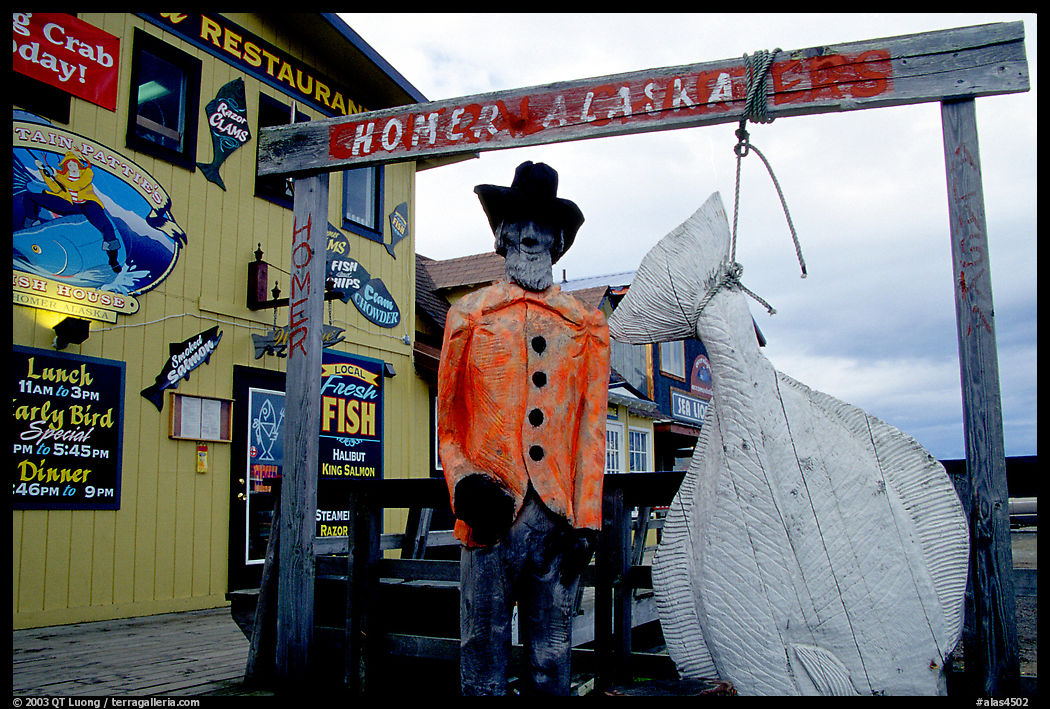 Halibut fishing sculpture on the Spit. Homer, Kenai Peninsula, Alaska, USA