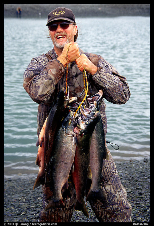 Man carrying salmon freshly caught in the Fishing Hole. Homer, Kenai Peninsula, Alaska, USA
