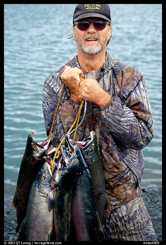 Fisherman carrying salmon freshly caught in the Fishing Hole. Homer, Kenai Peninsula, Alaska, USA