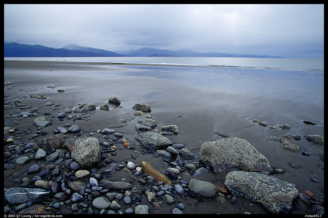Sandy beach, rocks, and stormy skies on the Bay. Homer, Kenai Peninsula, Alaska, USA