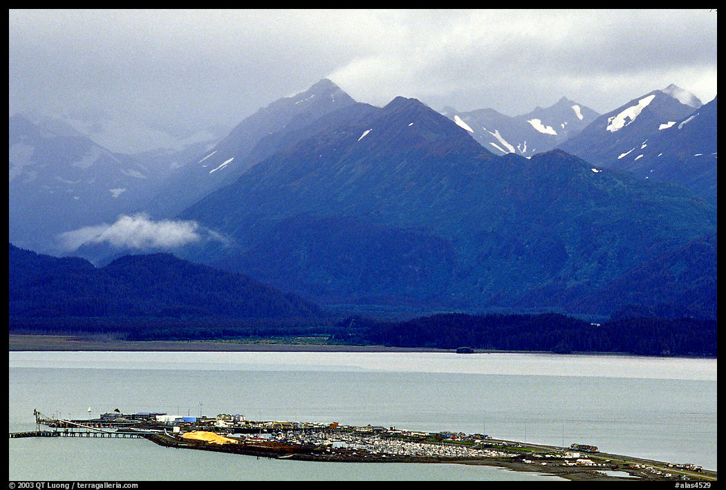 Distant view of the Spit and Kenai Mountains. Homer, Kenai Peninsula, Alaska, USA