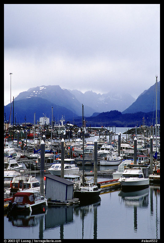Small Boat Harbor on the Spit with Kenai Mountains in the backgound. Homer, Kenai Peninsula, Alaska, USA