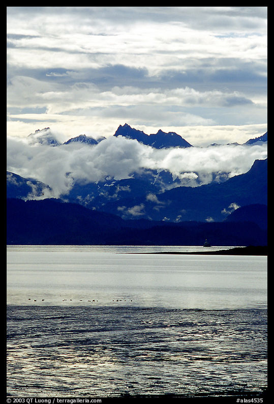 Low clouds hanging over Kenai Mountains across Katchemak Bay. Homer, Kenai Peninsula, Alaska, USA