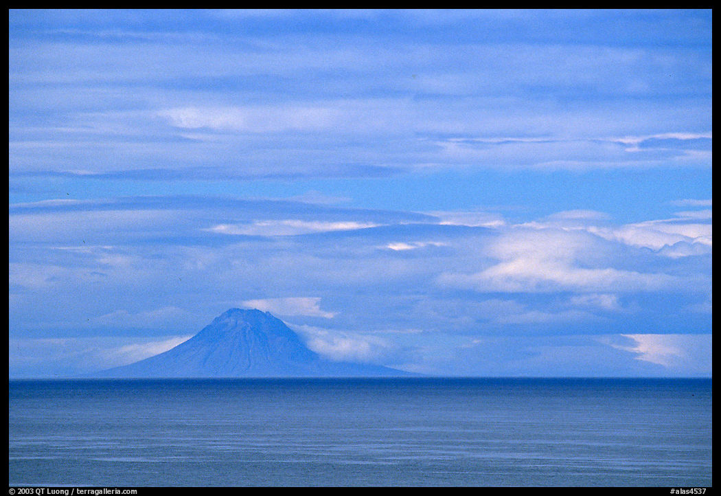 Mt Augustine, a volcano seen across the Cook Inlet. Ninilchik, Kenai Peninsula, Alaska, USA