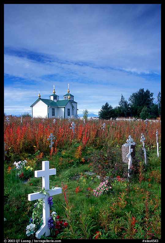 Russian orthodox cemetery and old Russian church. Ninilchik, Kenai Peninsula, Alaska, USA