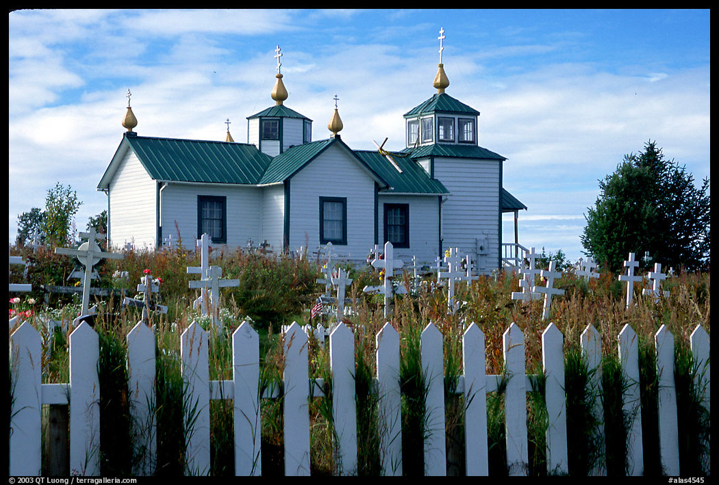 Picket Fence and old Russian church. Ninilchik, Kenai Peninsula, Alaska, USA