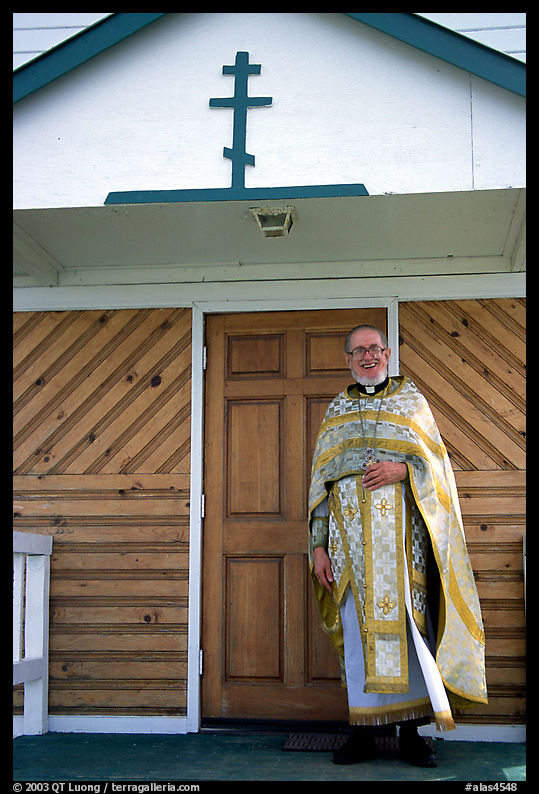 Orthodox priest ouside the old Russian church. Ninilchik, Kenai Peninsula, Alaska, USA