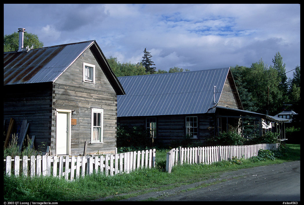 White picket fence and wooden houses. Hope, Kenai Peninsula, Alaska, USA