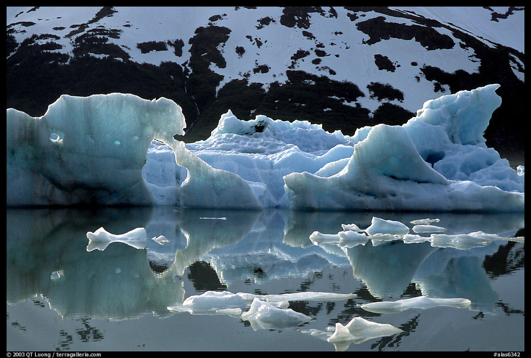 Icebergs in Portage Lake with mountain reflexions. Alaska, USA
