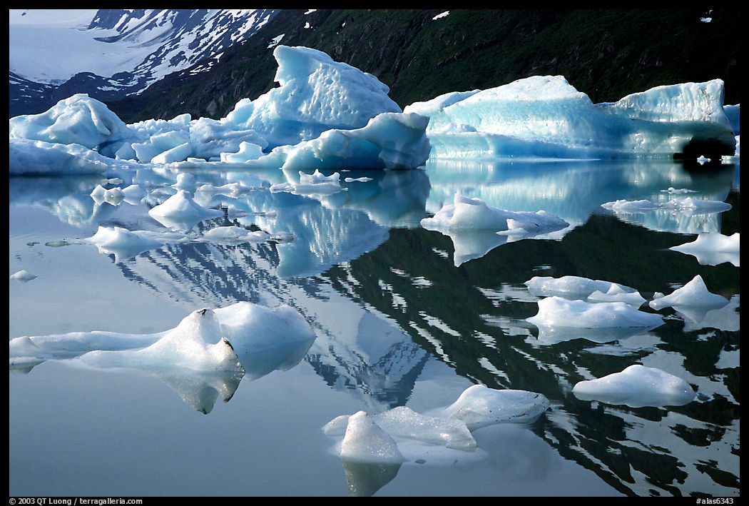 Icebergs in Portage Lake with mountain reflexions. Alaska, USA