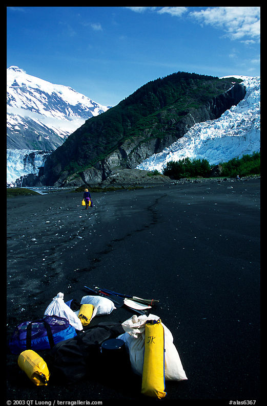 Kayaking gear on Black Sand Beach. Prince William Sound, Alaska, USA