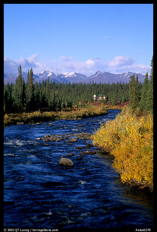 River and cabin. Denali Highway, Central Alaska, USA