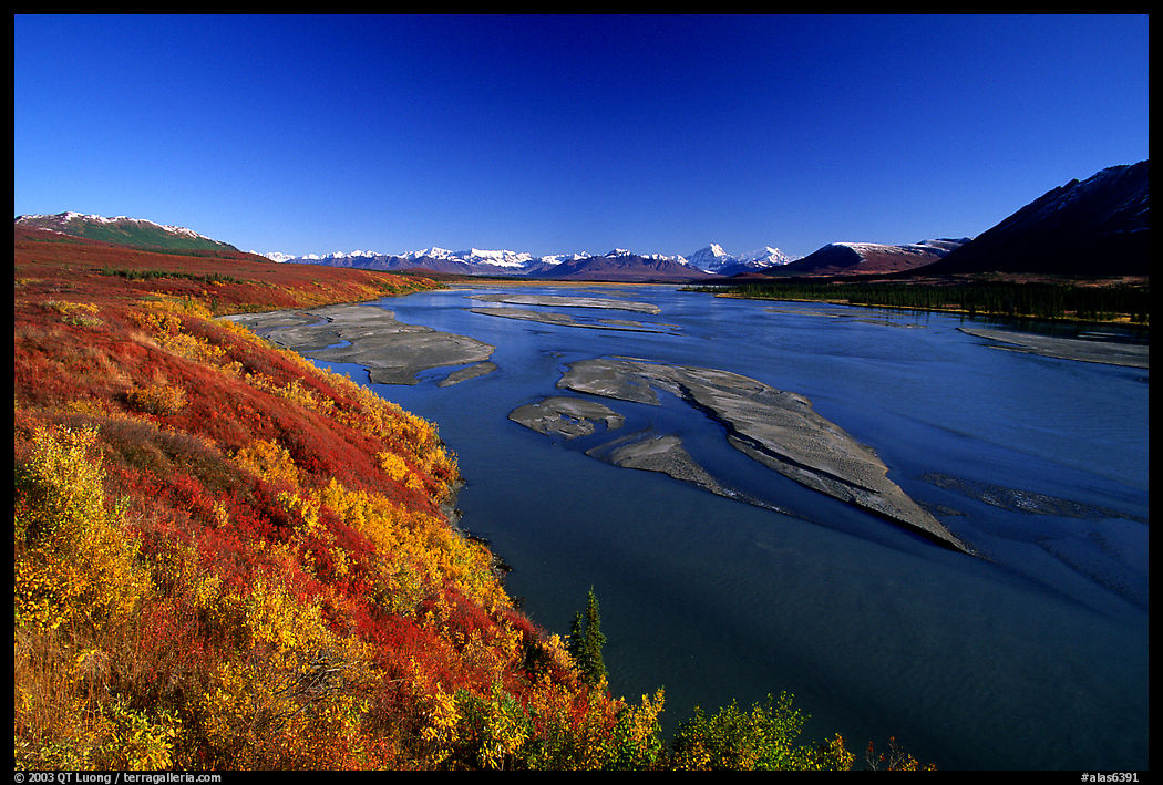 Wide river and autumn colors on the tundra. Denali Highway, Central Alaska, USA