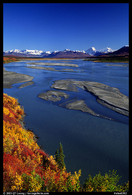 Wide Susitna River and fall colors on the tundra. Denali Highway, Central Alaska, USA
