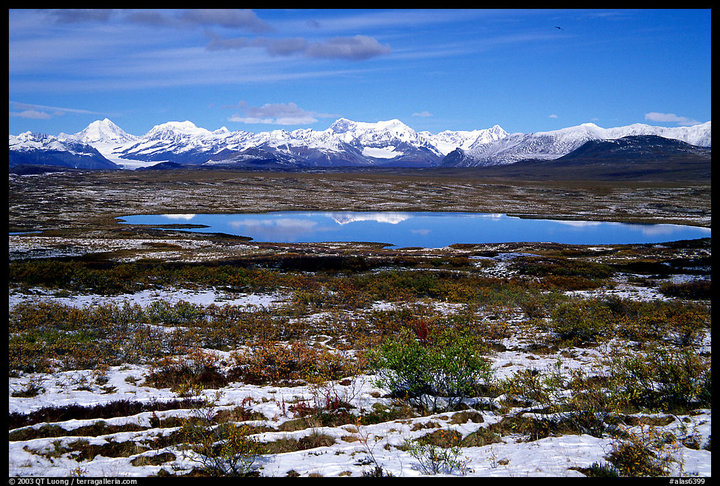 Fresh snow, Lake and mountains. Denali Highway, Central Alaska, USA