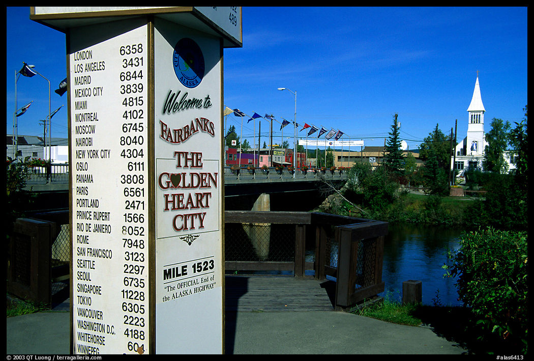 Sign showing distances to major cities on the globe in Fairbanks. Alaska, USA