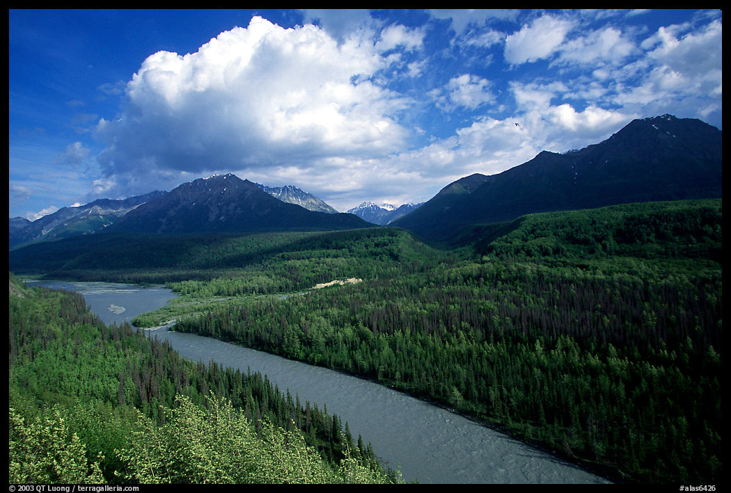 Matanuska River and Chugach mountains in summer, afternoon. Glenn Highway, Central Alaska, USA