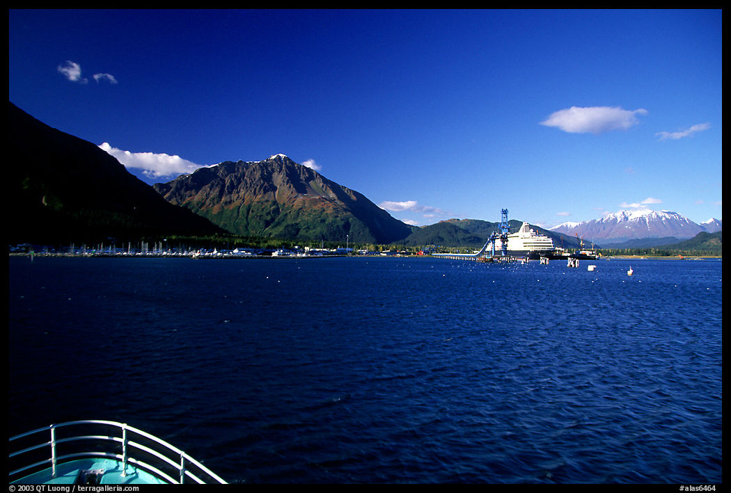 Seward seen from the deck of a ship on Resurection Bay. Seward, Kenai Peninsula, Alaska, USA