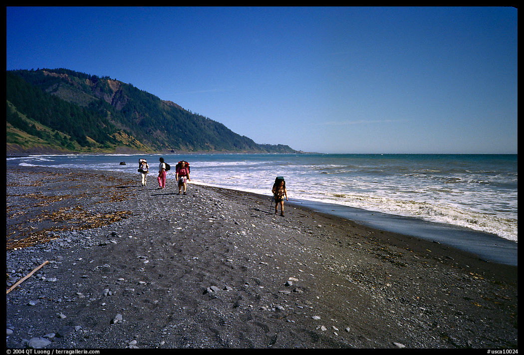 Backpacking on black sand beach, Lost Coast. California, USA