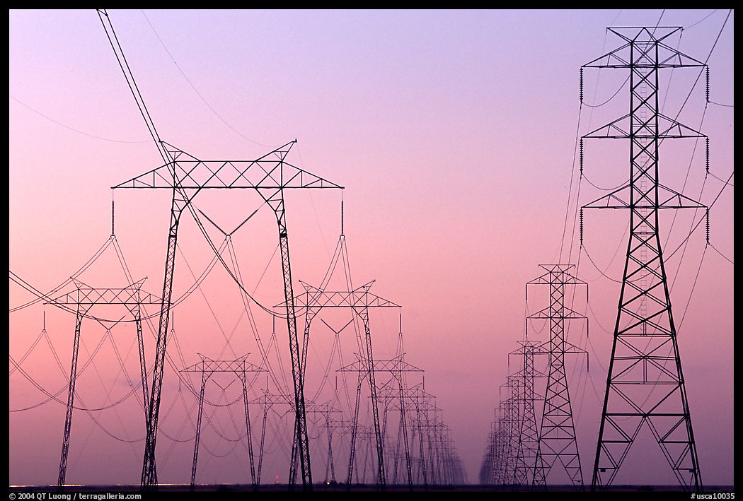 High voltage power lines at dusk. California, USA