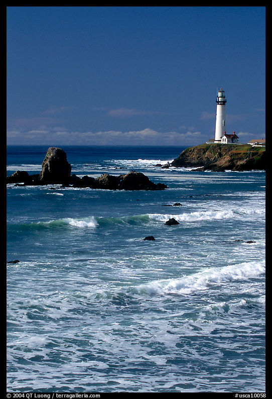 Surf and Pigeon Point Lighthouse, morning. San Mateo County, California, USA