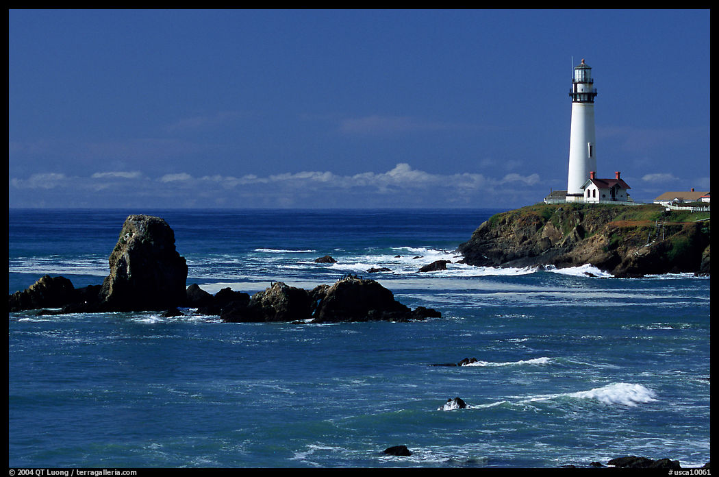 Pigeon Point Lighthouse and rocks, morning. San Mateo County, California, USA