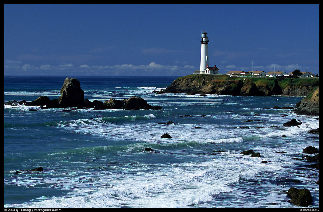Pigeon Point Lighthouse and waves, morning. San Mateo County, California, USA