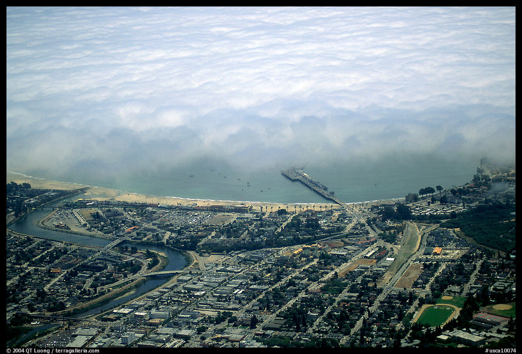 Aerial view of Santa Cruz with fog-covered ocean. Santa Cruz, California, USA