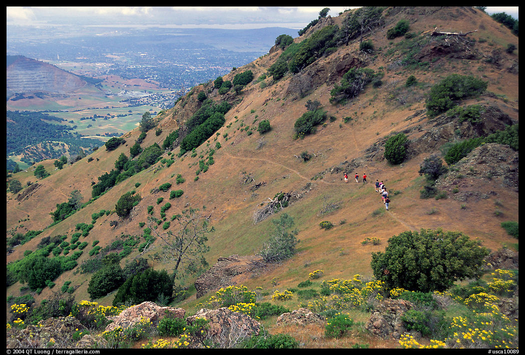 Group of Hikers on a distant trail, Mt Diablo State Park. SF Bay area, California, USA